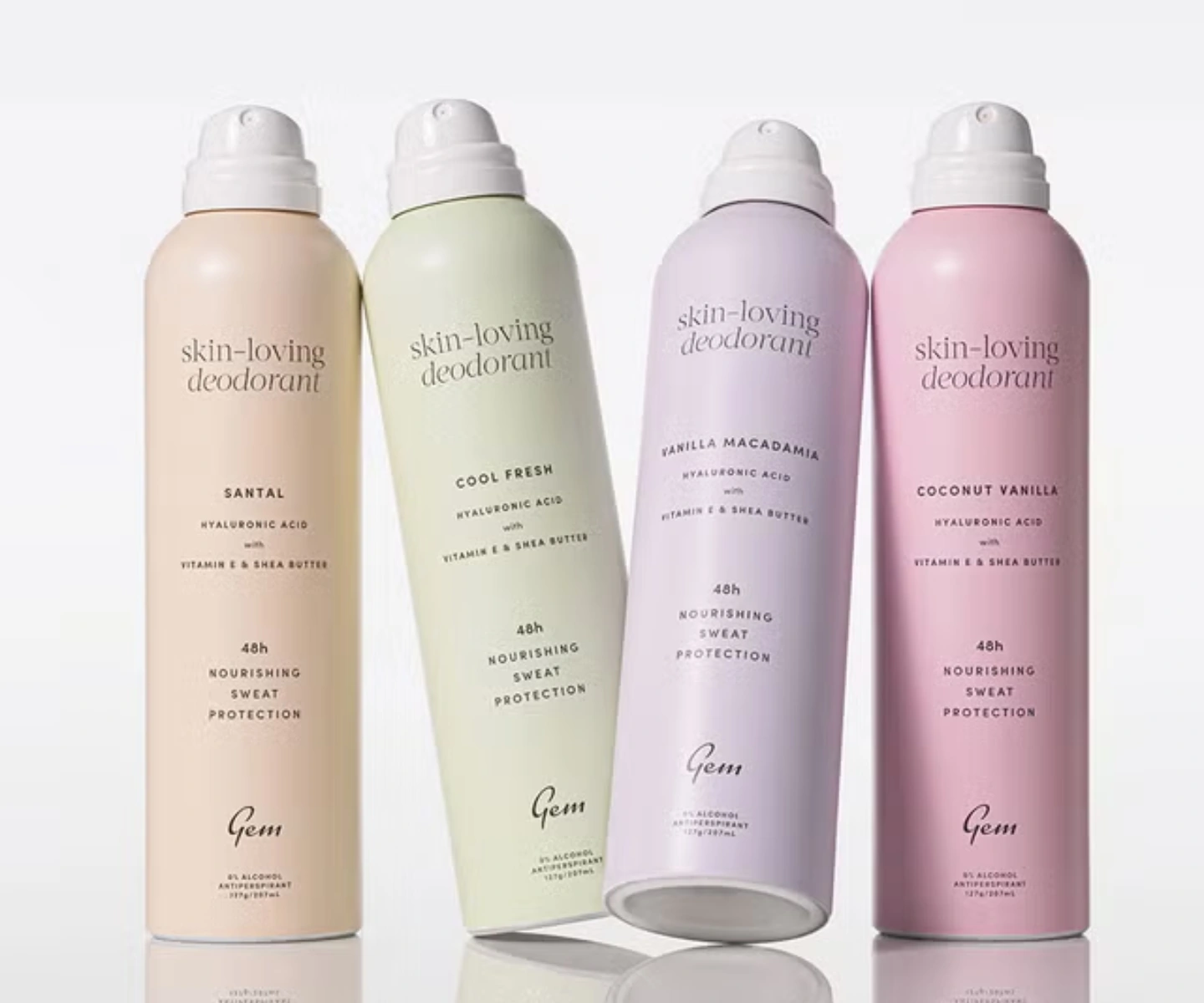 GEM skin-loving deodorant range, Santal, Cool Fresh, Vanilla Macadamia and Coconut Vanilla