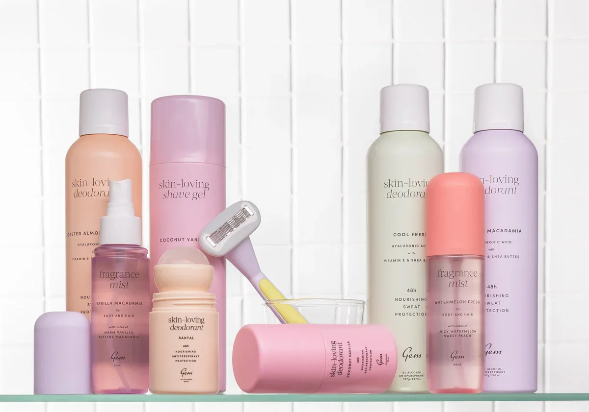 GEM clean personal-care range, deodorant, body and grooming products in pastel packaging