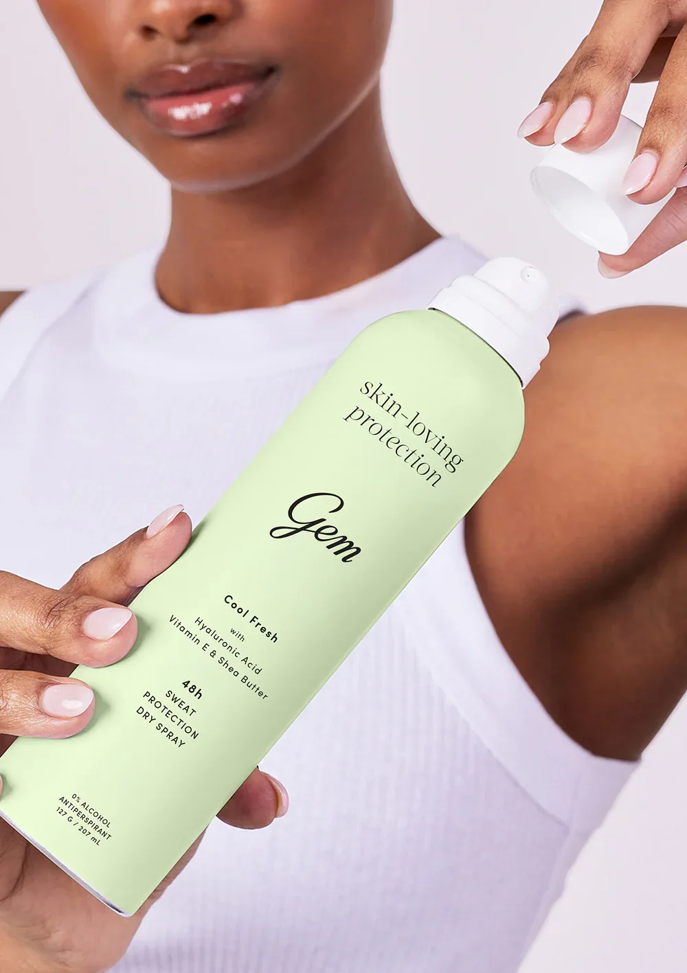 GEM skin-loving deodorant, applied, lifestyle