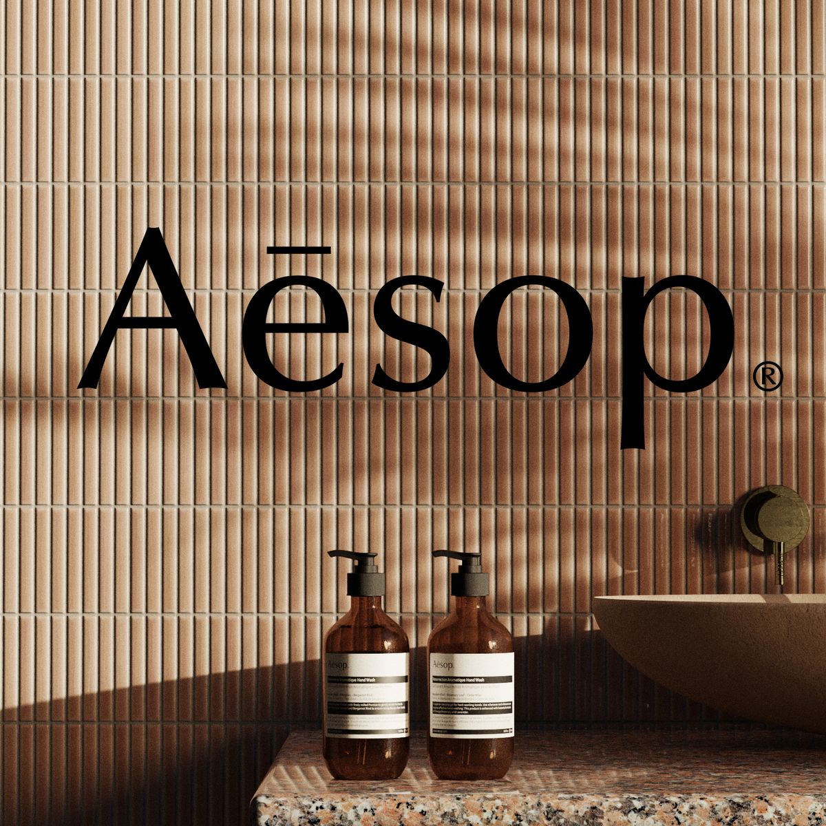 Aesop hand wash on terracotta tile shelf with wordmark