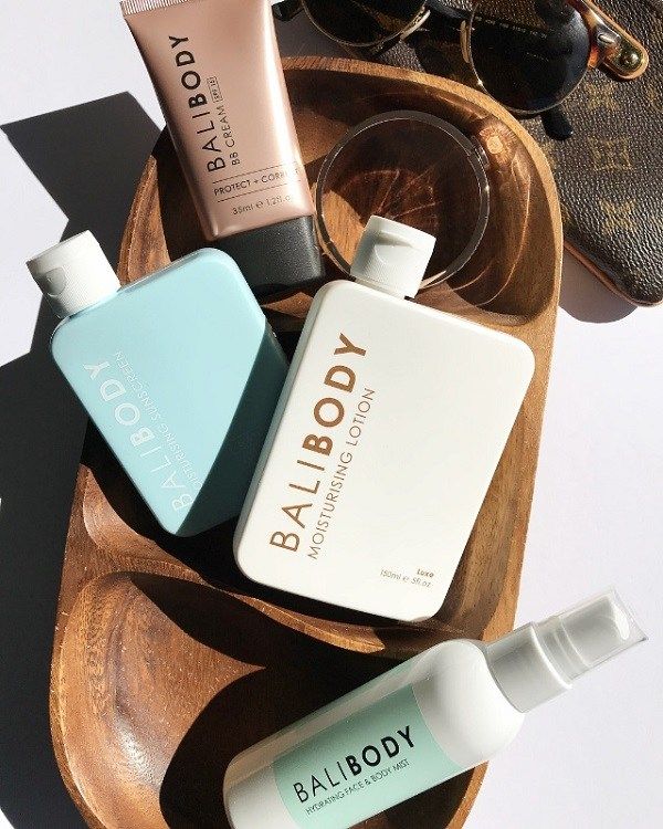 Bali Body, full range flatlay on linen tray