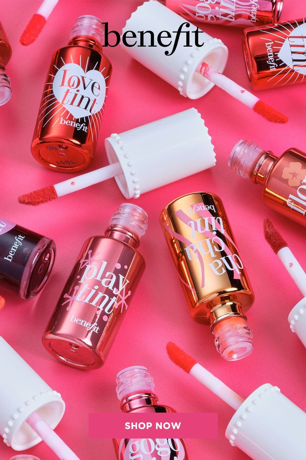 Benefit tint flatlay, makeup textures editorial