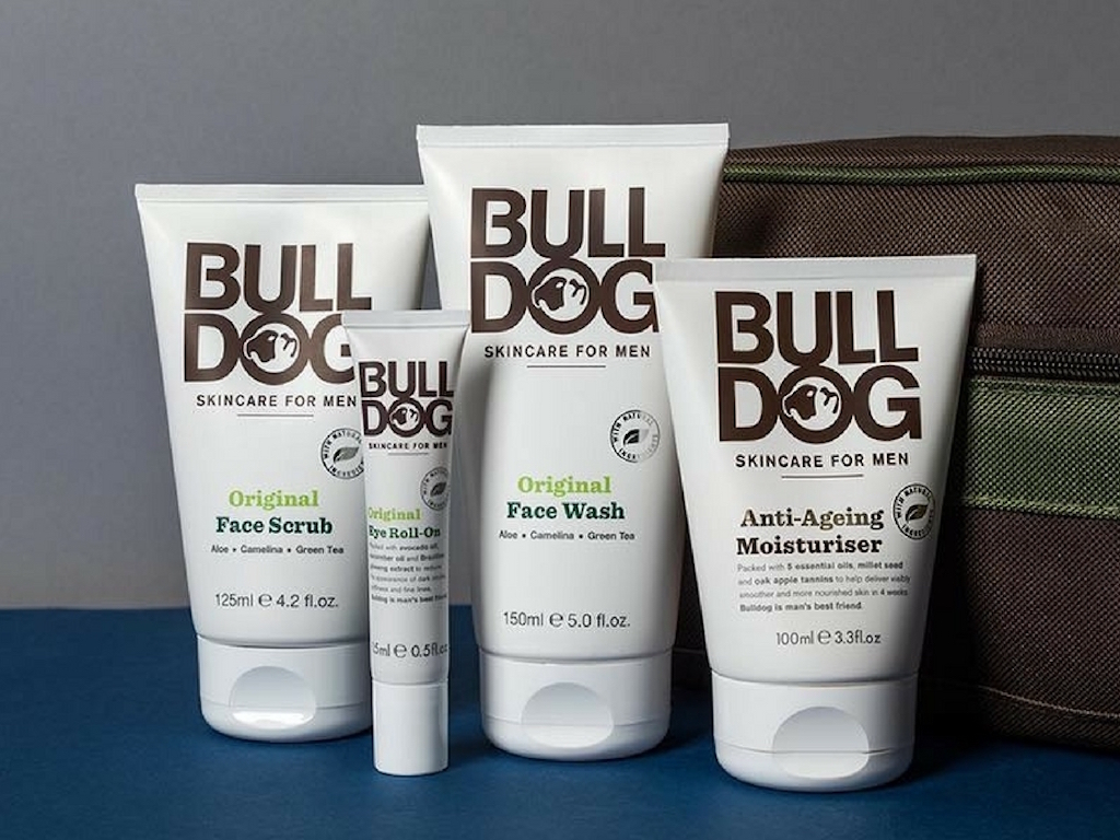 Bulldog Original range on blue, Face Scrub, Eye Roll-On, Face Wash and Anti-Ageing Moisturiser