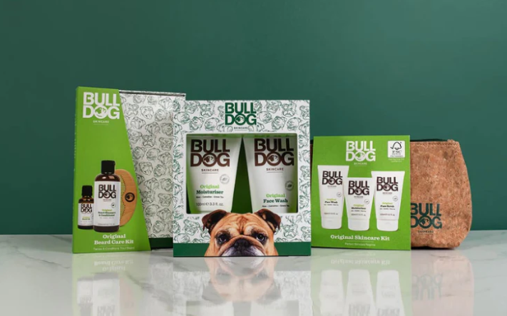 Bulldog Original gift set, Skincare Kit, Beard & Face Kit, and Original Skincare Kit on green marble