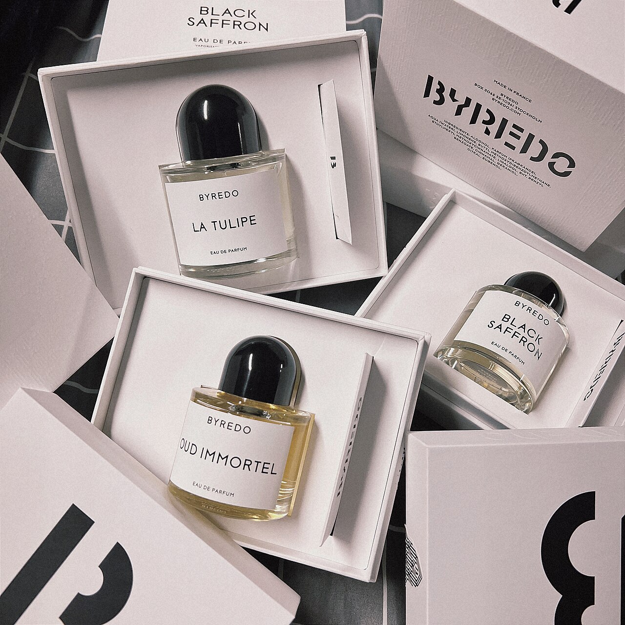 Byredo La Tulipe, Oud Immortel and Black Saffron boxed
