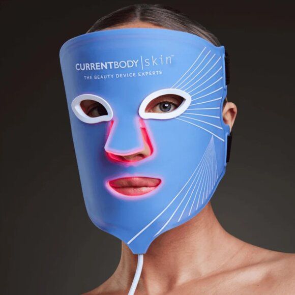 CurrentBody Skin LED Mask in blue silicone portrait, the flexible at-home device