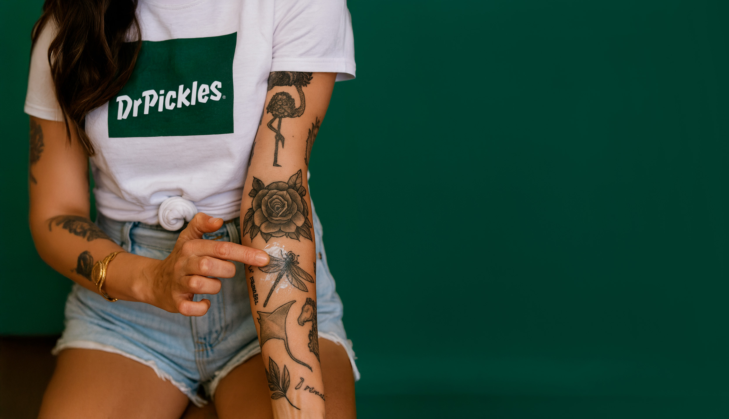 Dr Pickles tattoo aftercare, full-sleeve portrait, mid-heal