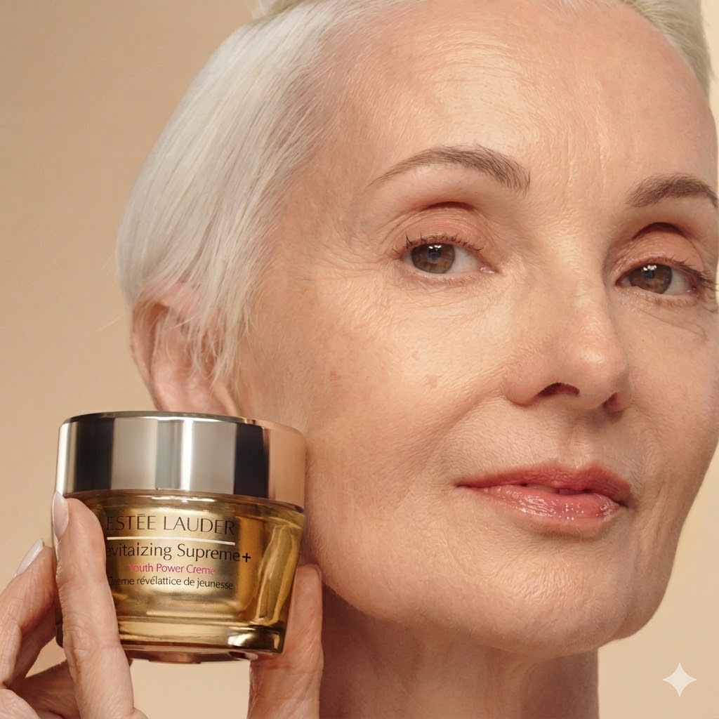 Estée Lauder Revitalizing Supreme+ Youth Power Creme on silver-haired model, heritage prestige portrait