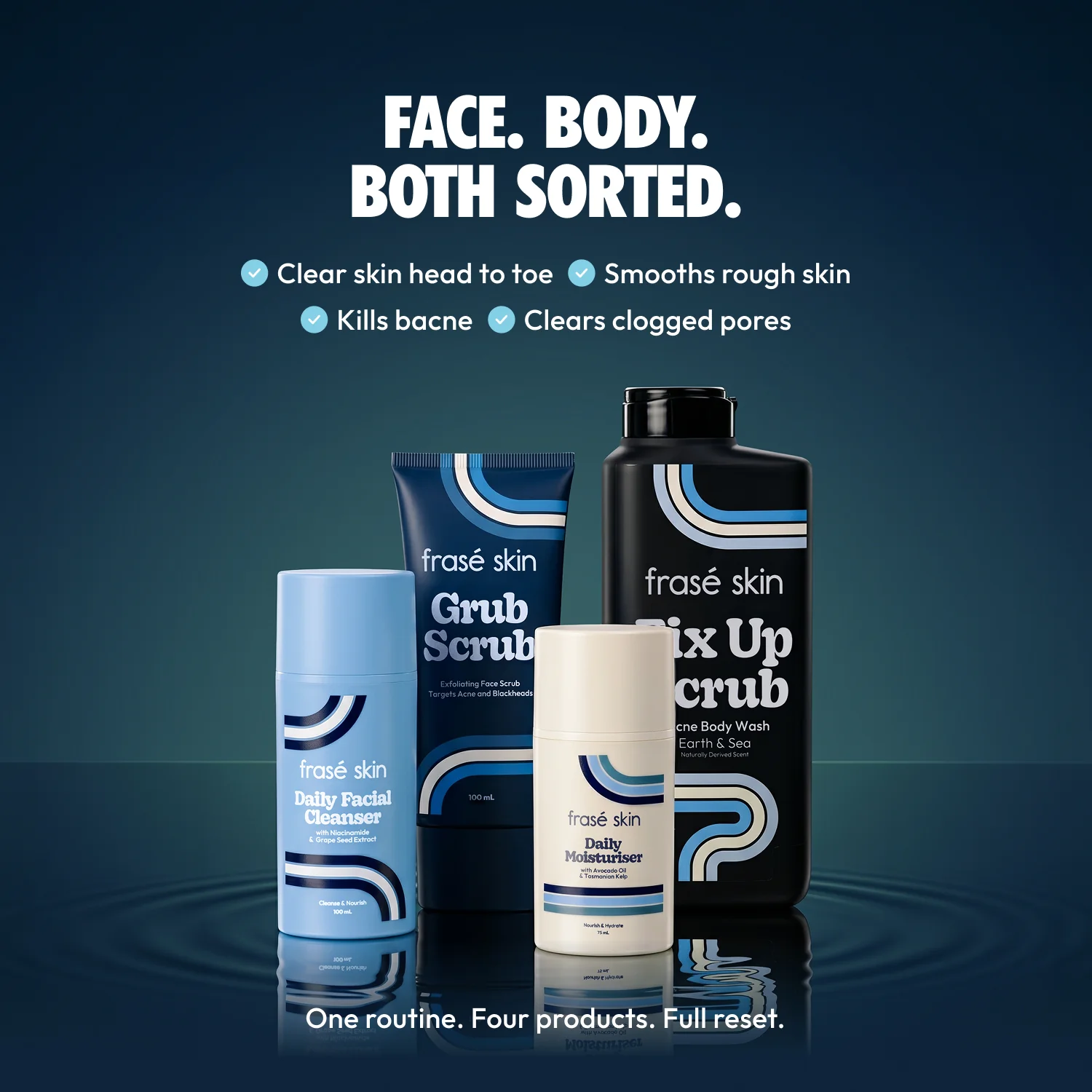 Frasé Skin full range on dark backdrop, Daily Cleanser, Daily Moisturiser, Grub Scrub, Sun Geard SPF