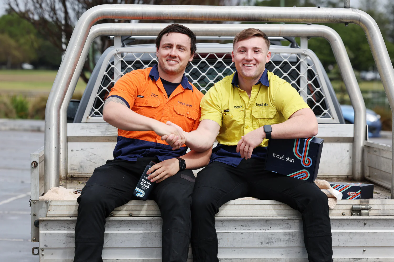 Frasé Skin founders Zach and Beau London by the ute, Newcastle, NSW