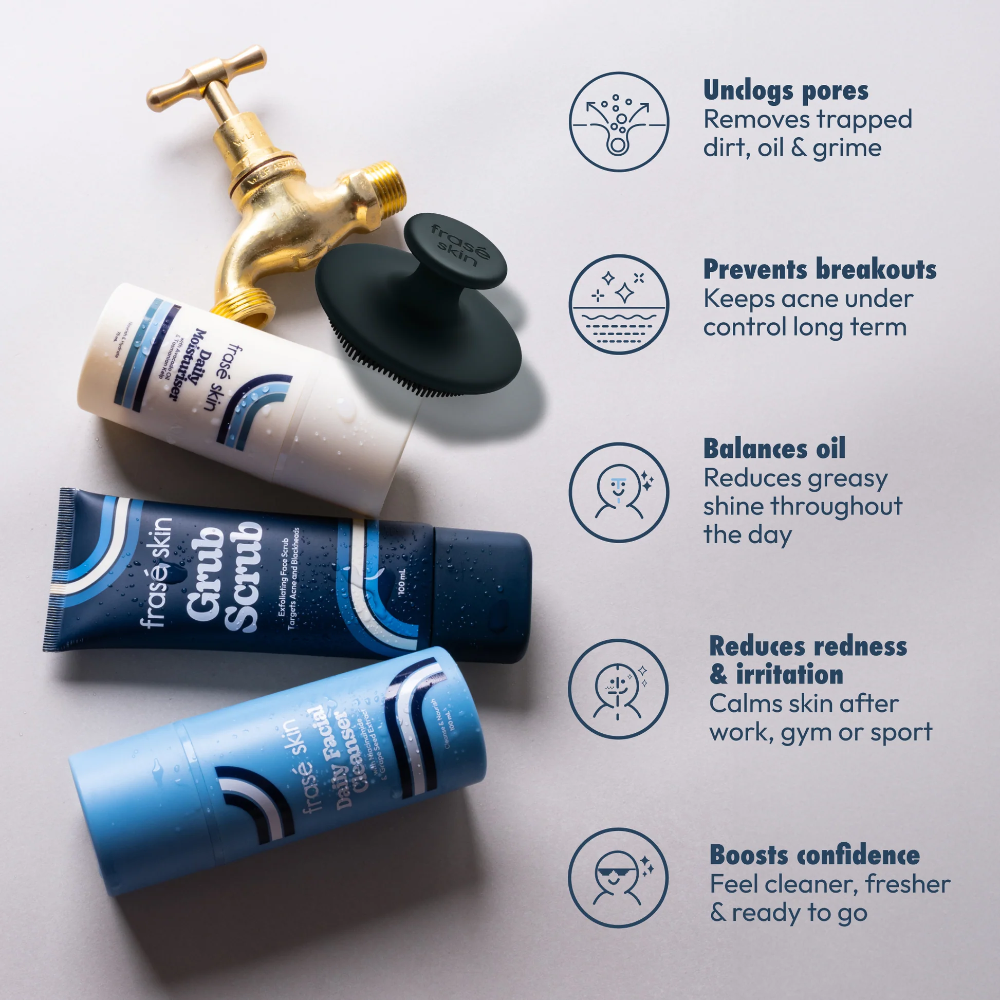 Frasé Skin range flatlay with Grub Scrub