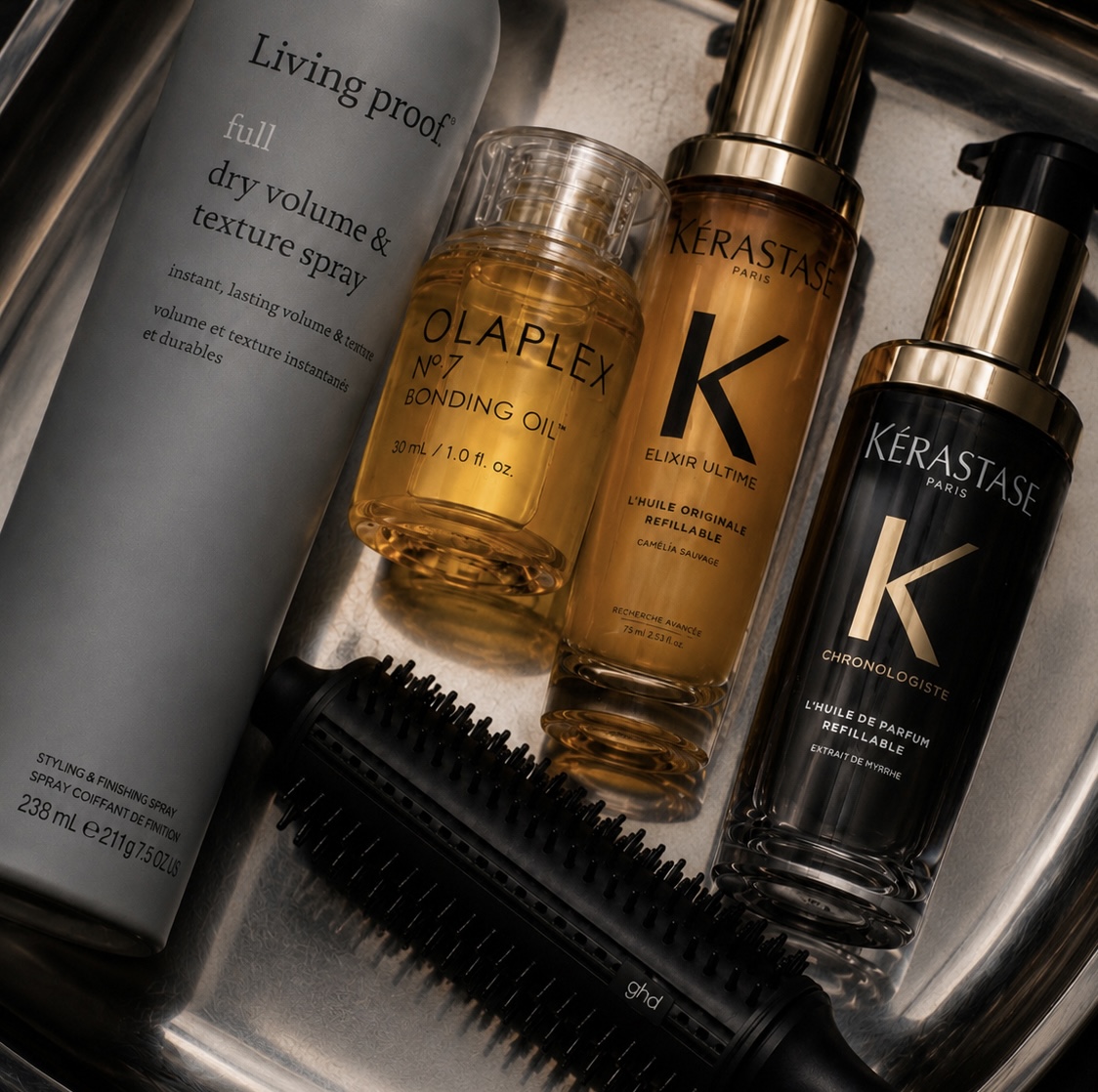 Hair brands, editorial hair care and tools flatlay