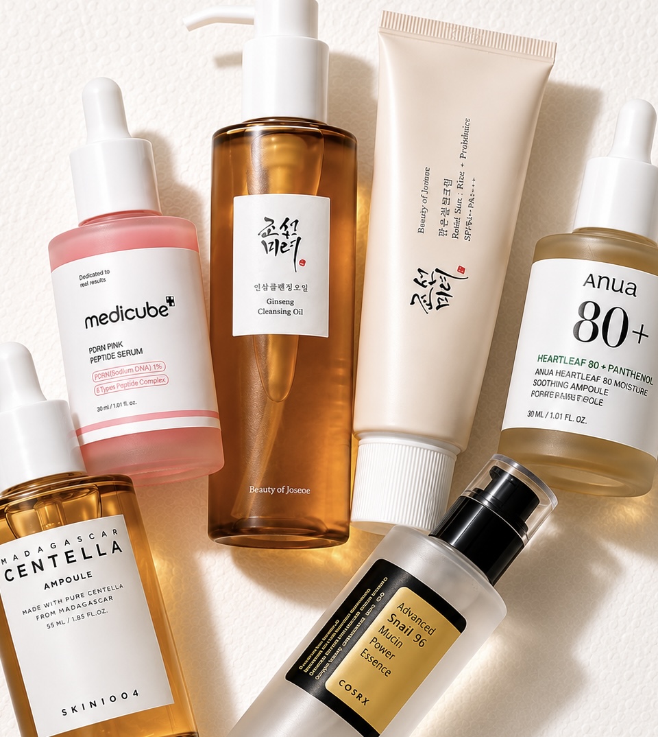 Korean skincare brands, editorial K-beauty flatlay