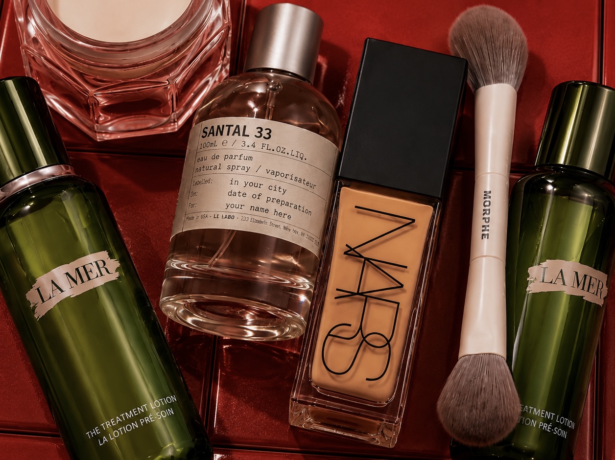 Makeup brands, editorial luxury makeup flatlay