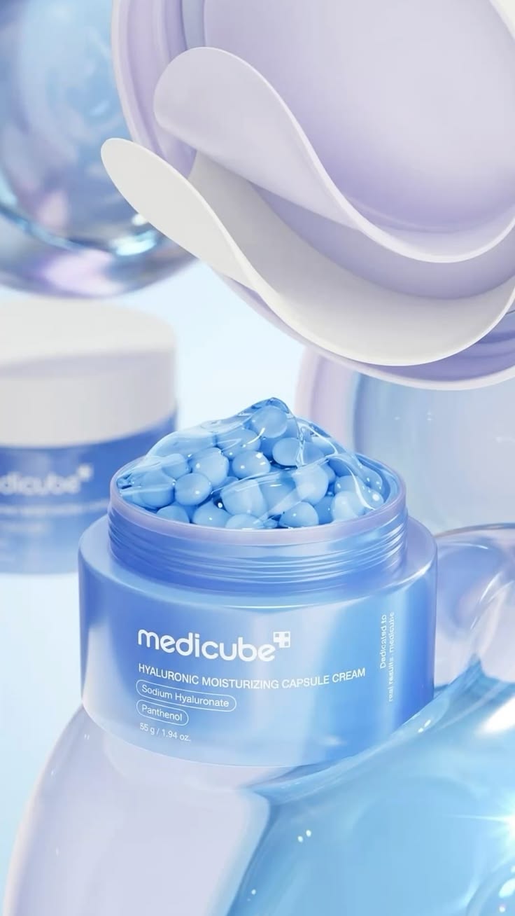 Korean skincare editorial, Medicube layered routine flatlay