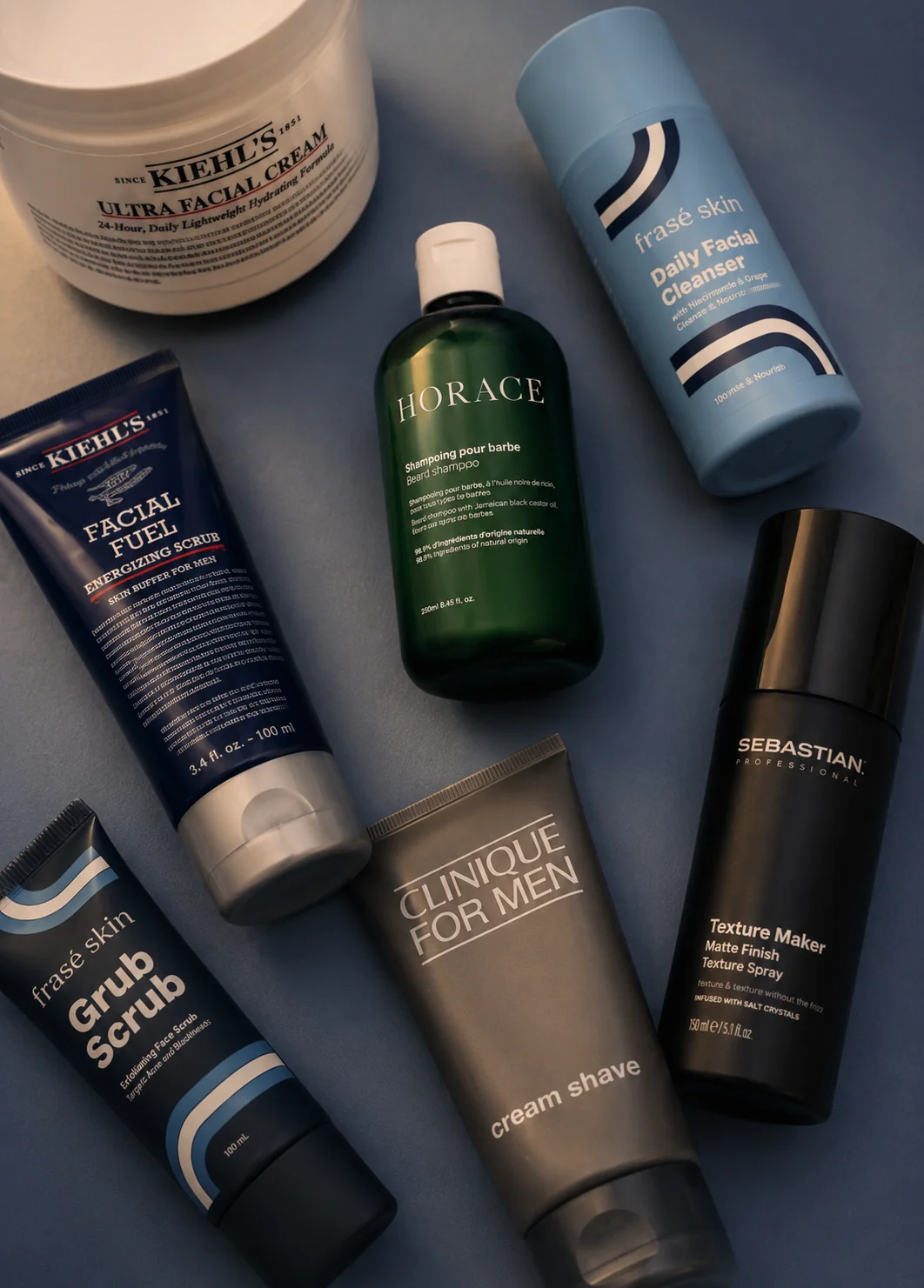 Men's grooming brands, editorial men's skincare flatlay