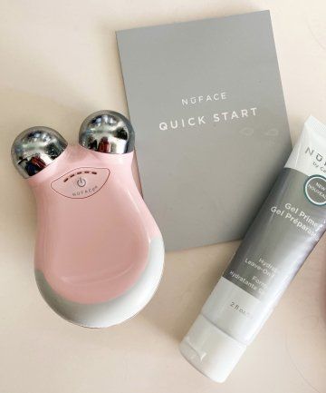 NuFACE Trinity, Gel Primer and Quick Start guide on pink, the at-home microcurrent system