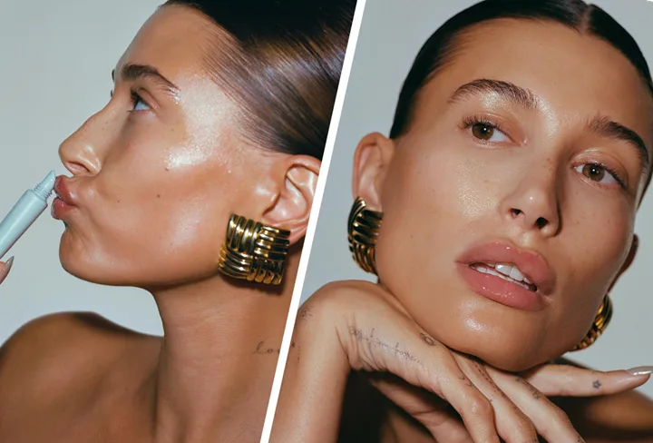 Hailey Bieber for rhode skin with face dotted in barrier cream