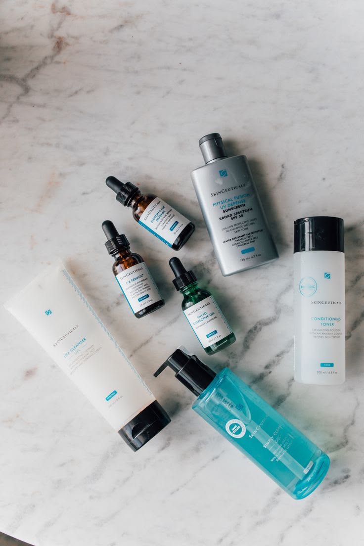 SkinCeuticals routine flatlay on marble