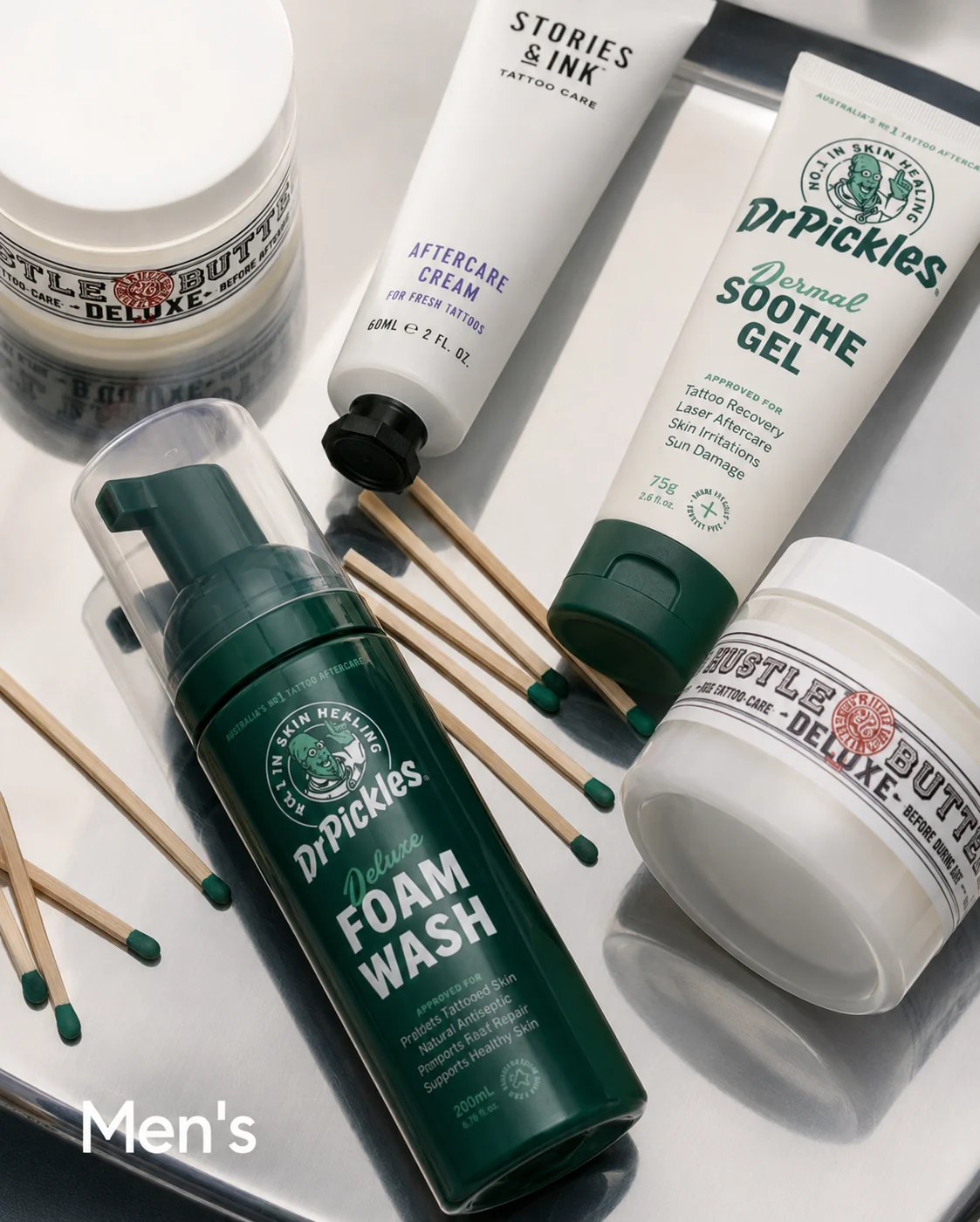 Tattoo aftercare brands, editorial tattoo balm flatlay