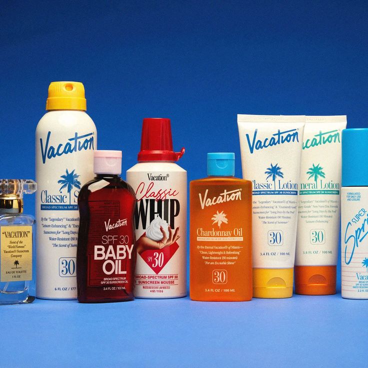 Vacation sunscreen full range, Classic, Whip, Baby Oil, Chardonnay, EDT