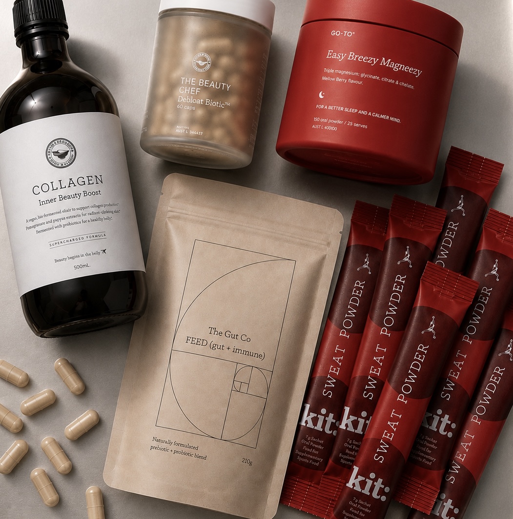 Wellness brands, editorial wellness and supplements flatlay