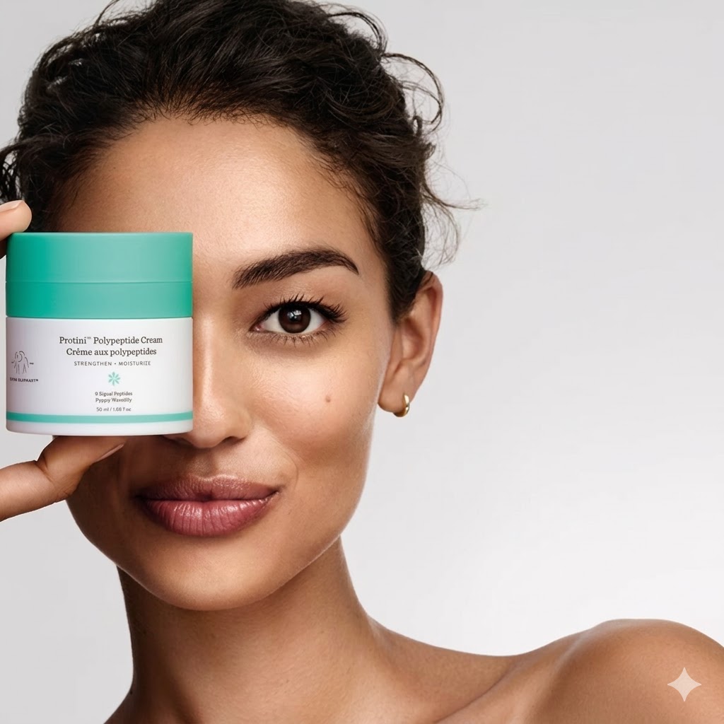 Drunk Elephant Protini Polypeptide Cream held to a model's face, mint-green cap, white pot, editorial campaign portrait
