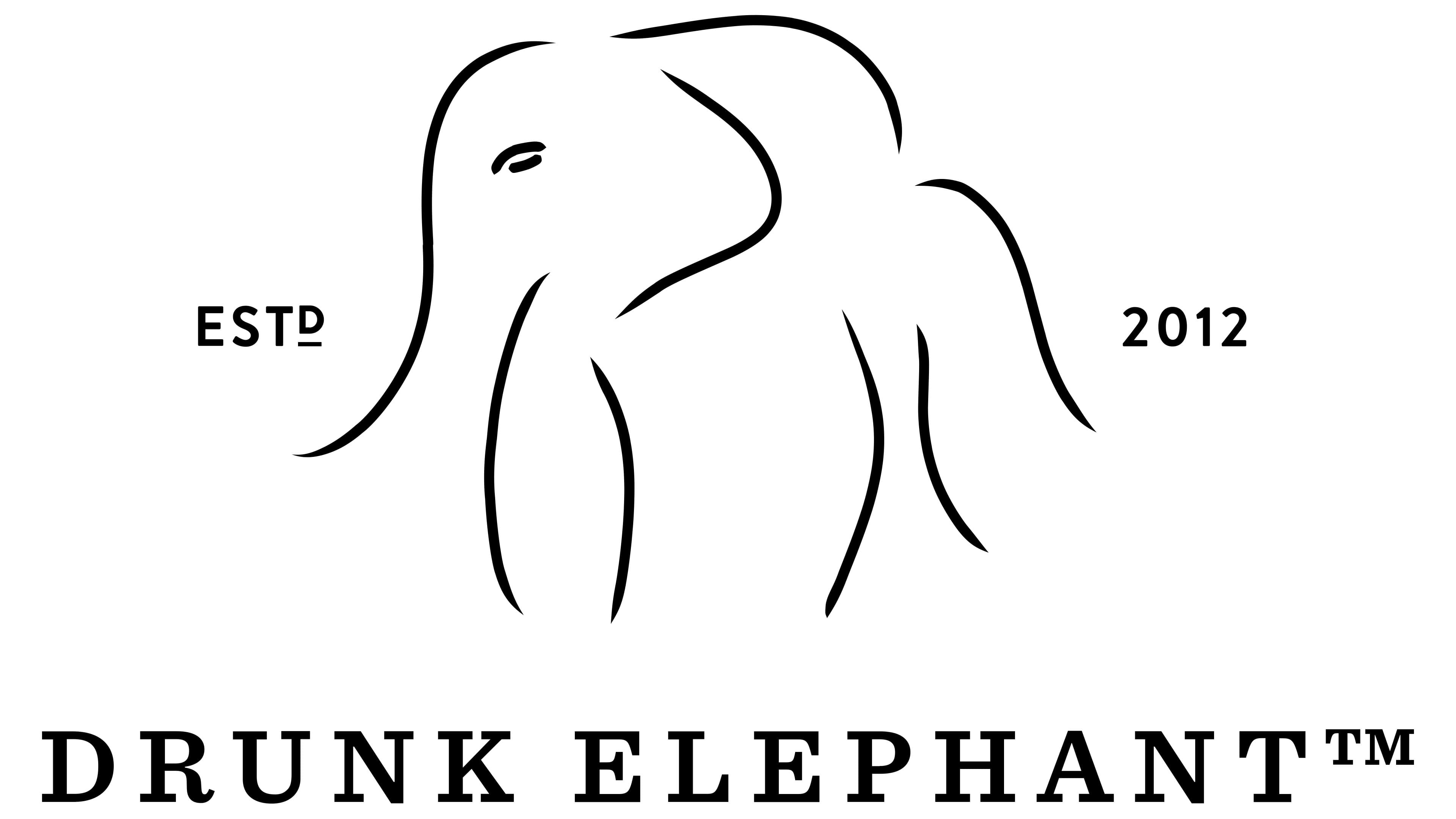 Drunk Elephant brand wordmark, line-drawn elephant icon over the DRUNK ELEPHANT serif lockup, Estd 2012