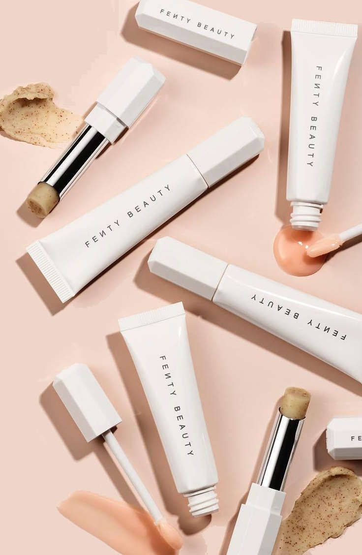 Fenty Beauty Pro Kiss’r Lip Care collection, white tubes on blush background