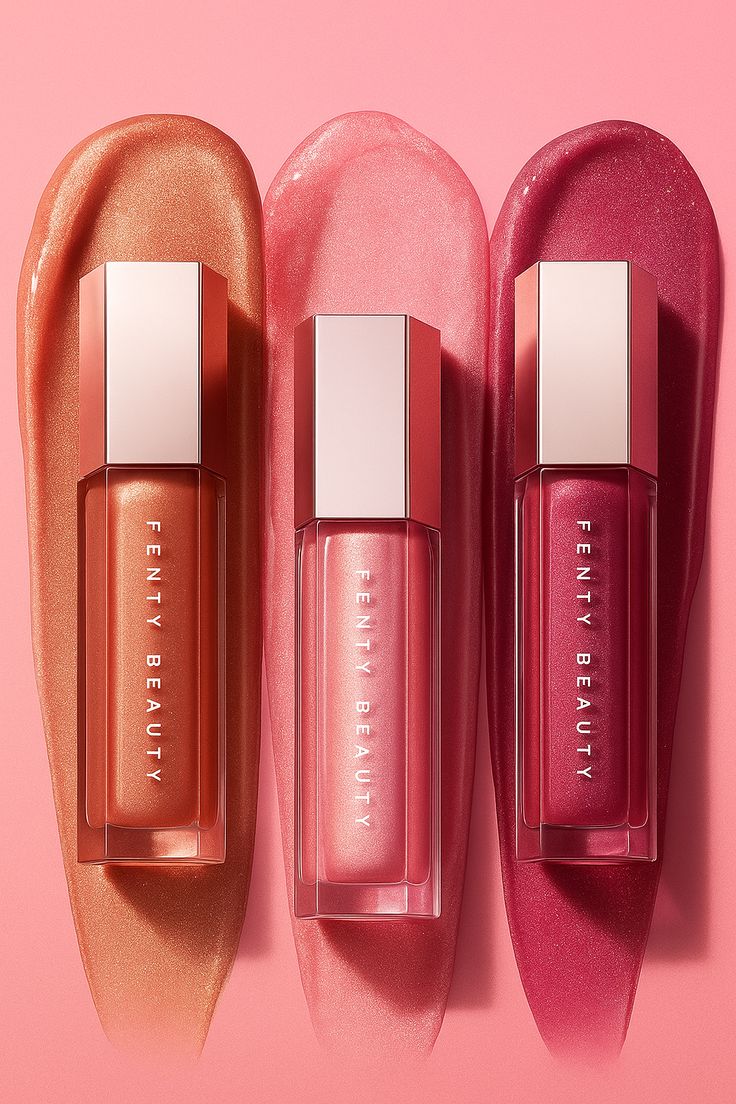 Fenty Beauty Gloss Bomb Universal Lip Luminizer, trio of bottles on pink swirls