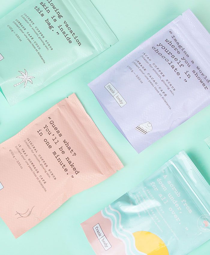 Frank Body Cheek Mask Sheet packets, pastel coloured flatlay