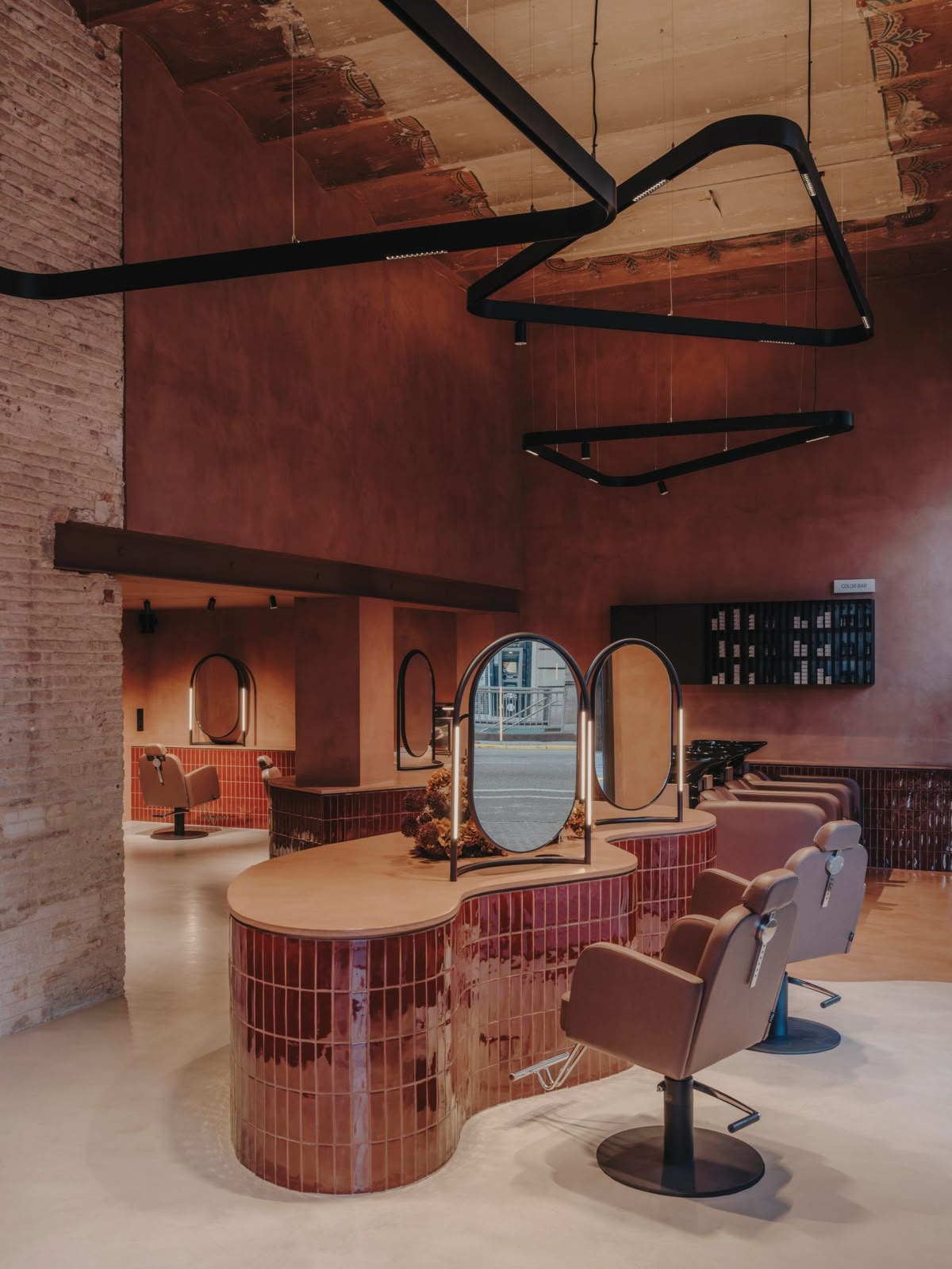 Melbourne salon interior, timber and brass detail