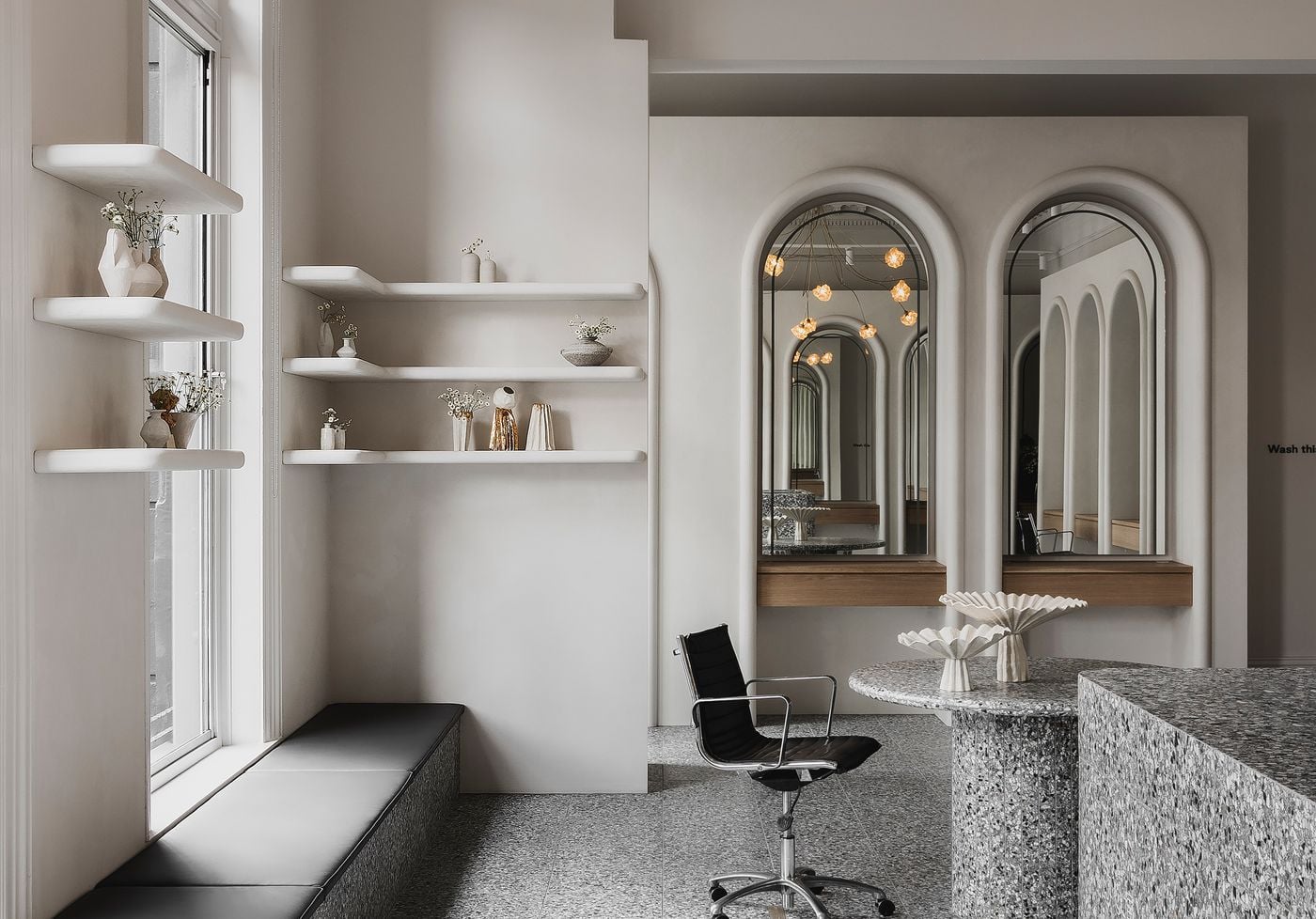 Joey Scandizzo Salon, arched mirrors interior.