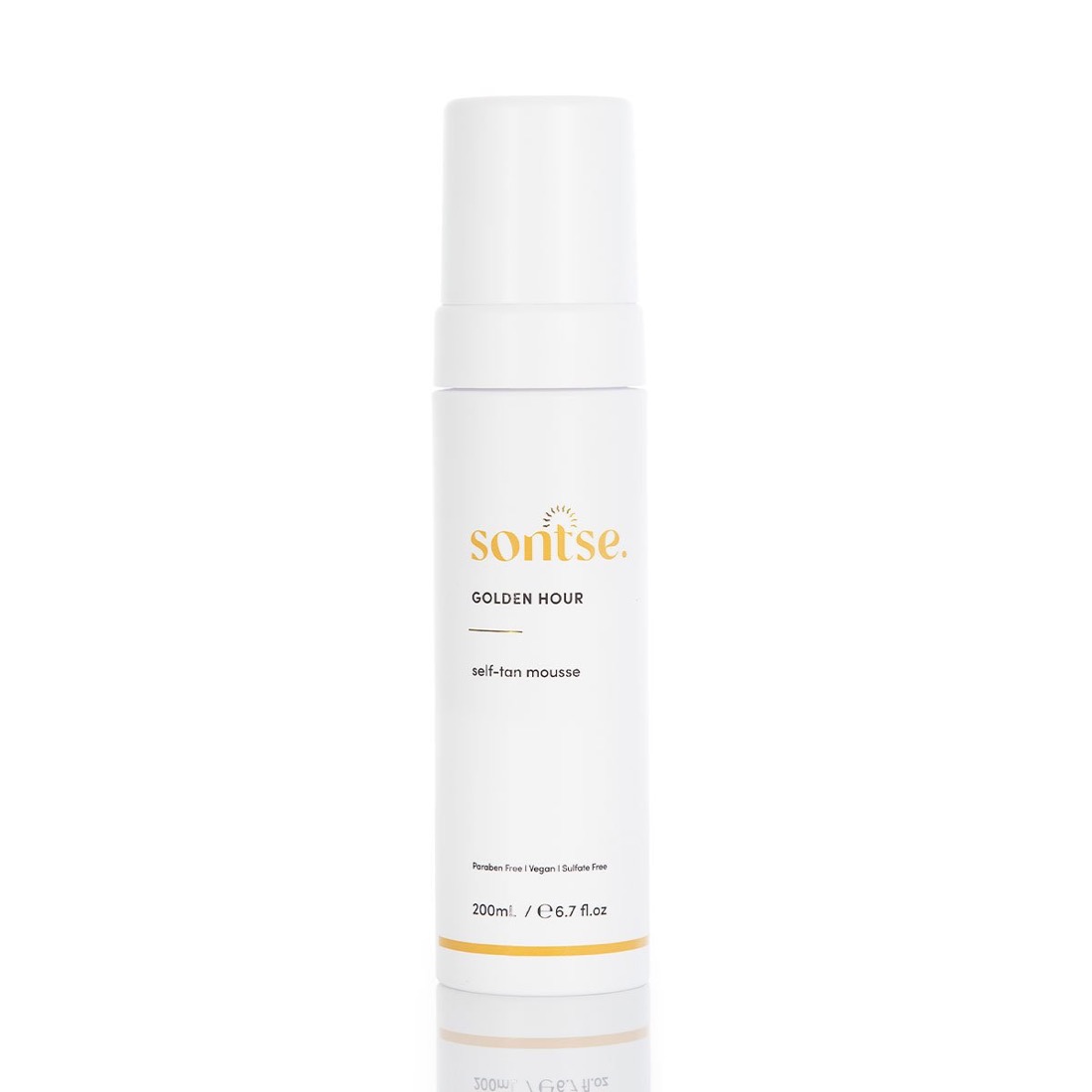Sontse Golden Hour self-tan mousse, a 200ml white pump bottle marked paraben-free, vegan and sulfate-free.