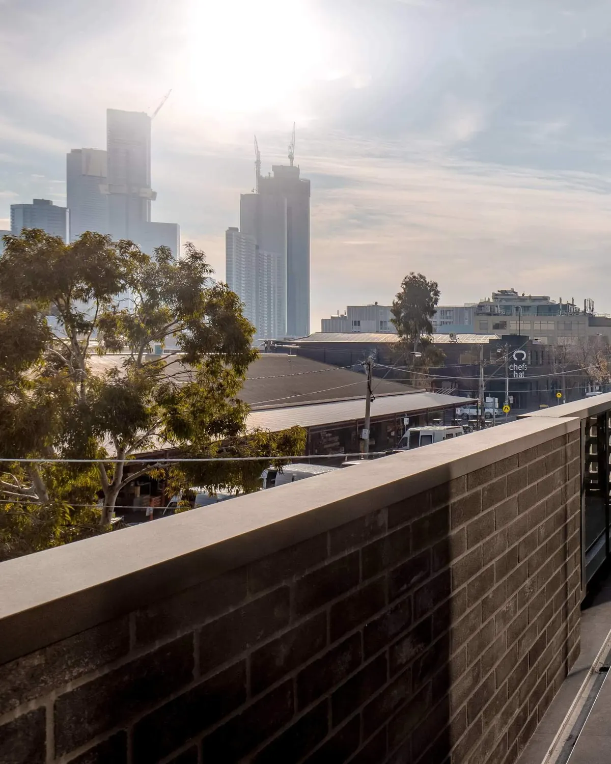The balcony looking north over the market to the city