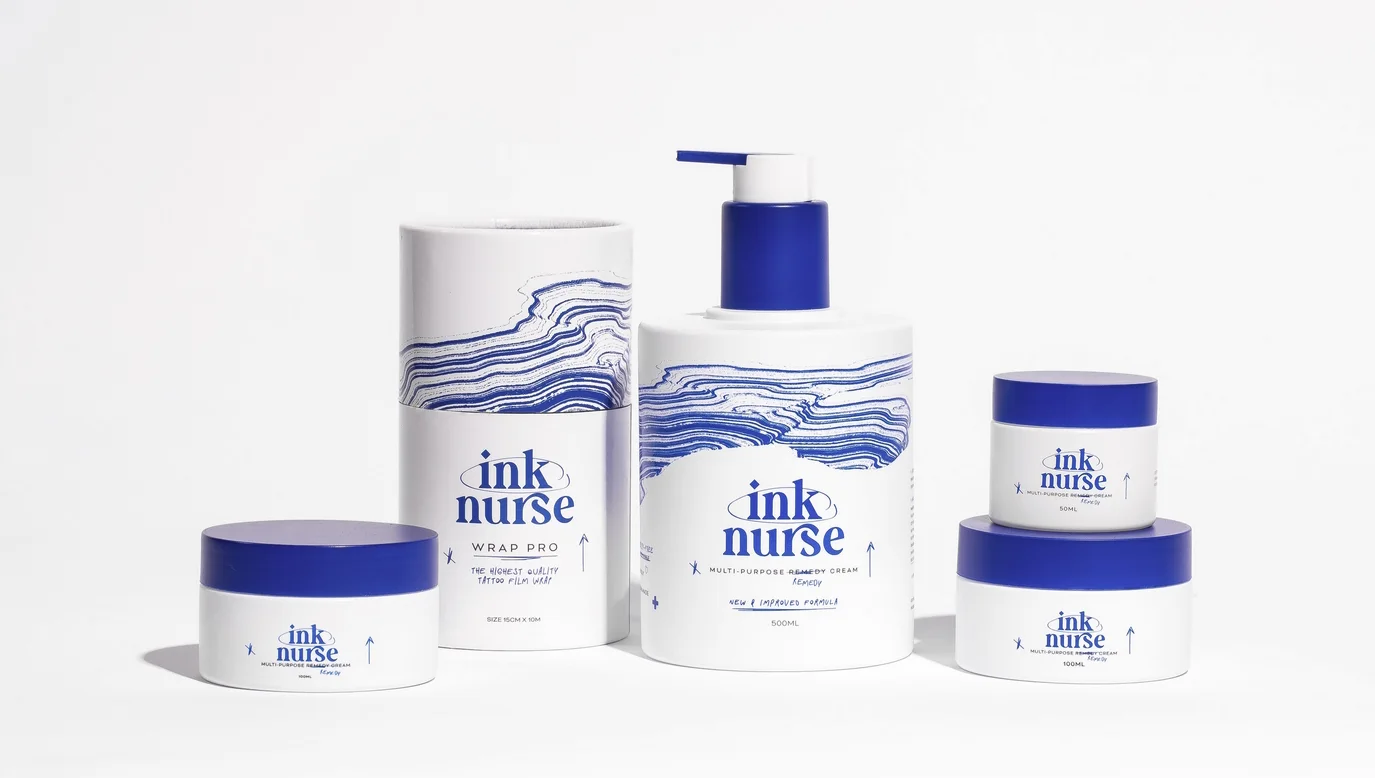 The Ink Nurse range, Remedy Cream tubs, the 500ml pump and Wrap Pro film